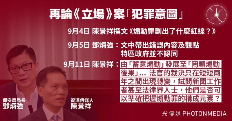 再論《立場》案「犯罪意圖」 陳景祥質疑定罪標準「蓄意煽動」變「罔顧煽動後果」