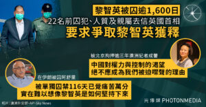 黎智英被囚逾1,600日｜22名前囚犯、人質及親屬去信英國首相 要求爭取黎智英獲釋