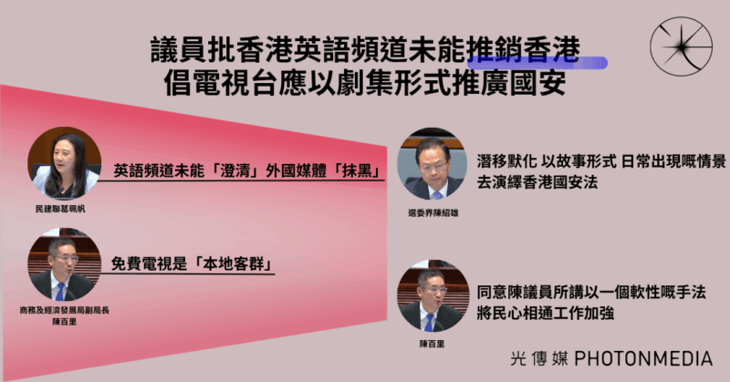 議員批香港英語頻道未能「推銷香港」 倡電視台應以劇集形式推廣國安