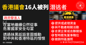 「香港議會」16人被列「潛逃者」 禁止提供資金、撤銷特區護照