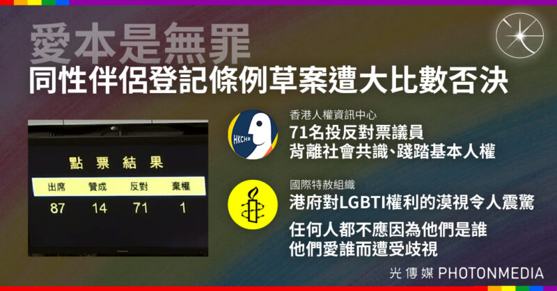 愛本是無罪｜同志伴侶登記條例草案遭大比數否決 國際人權組織批踐踏基本人權