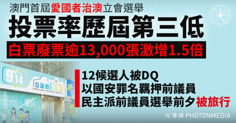 澳門首屆「愛國者治澳」立會選舉｜投票率歷屆第三低 白票廢票逾13,000張激增1.5倍